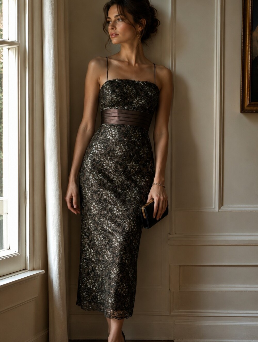 Vintage Lace Old Money Quiet Luxury Midi Evening Formal Glitter Glam Dress Brown
